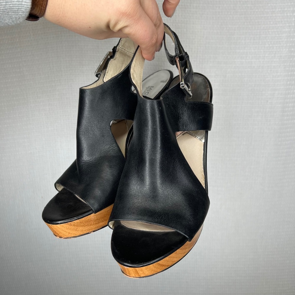 Michael Kors Black Leather Wooden Wedge Slingback Heels Women Size 9.5 - Picture 2 of 8